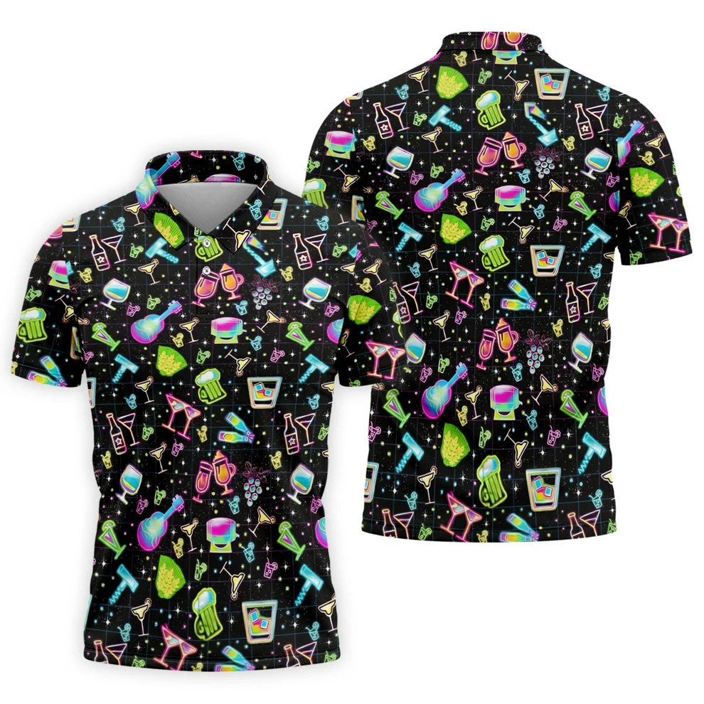 Neon Cocktail Party Pattern Design Hawaiian Golf Shirt, Golf Shirts For Men, Polo Shirts For Men