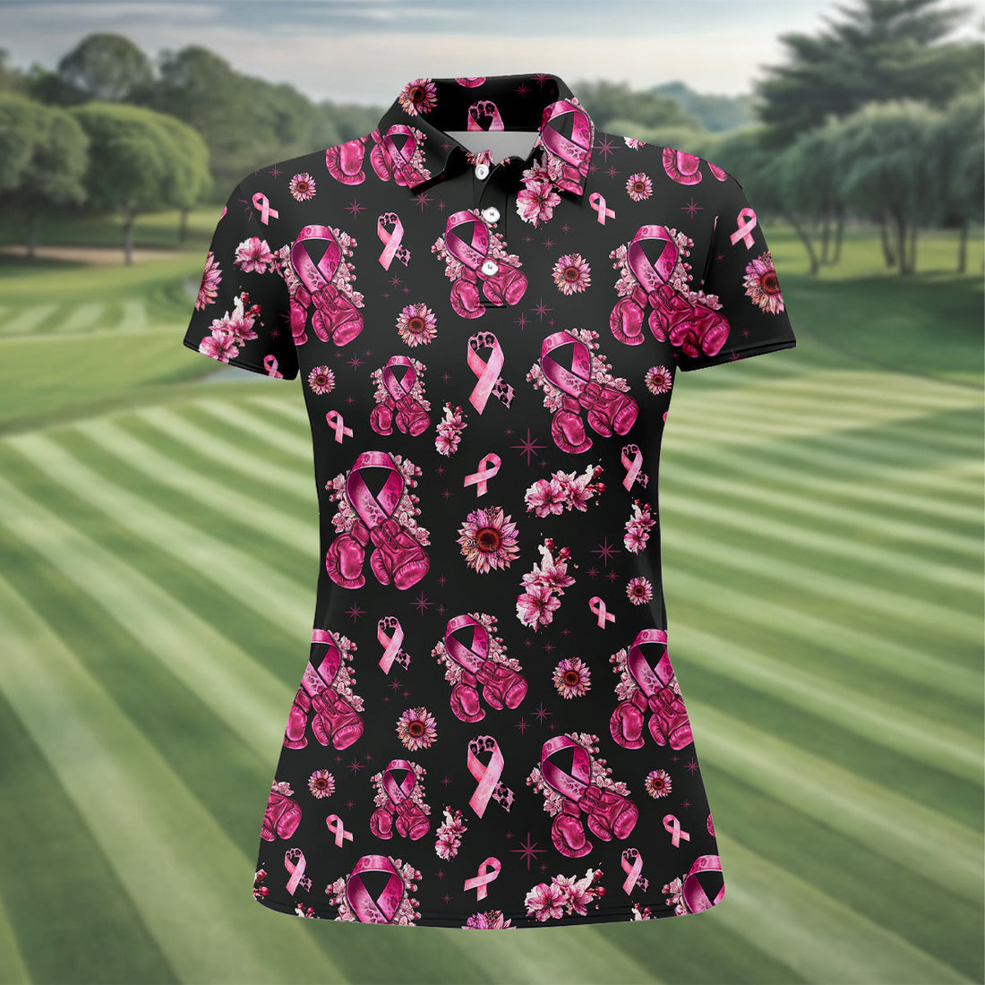 Boxing Gloves Fighter Black Breast Cancer Golf Shirt, Breast Cancer Support Shirts, Womens Golf Polo