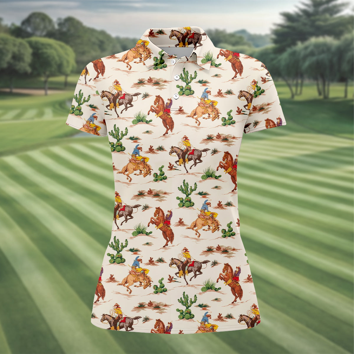Cowboy Western Beige Polo ShirtWomen's Long Sleeve Golf Shirts, Ladies Golf Polos