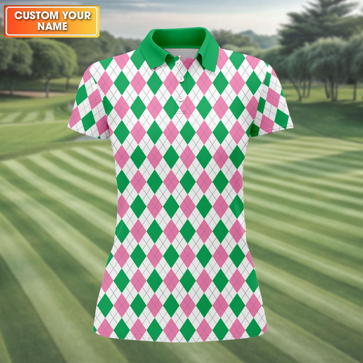 Green Pink Argyle Sleeveless Womens Golf Shirts, Ladies Pink Golf Shirt, Womens Golf Polo Shirt Womens Golf Tops