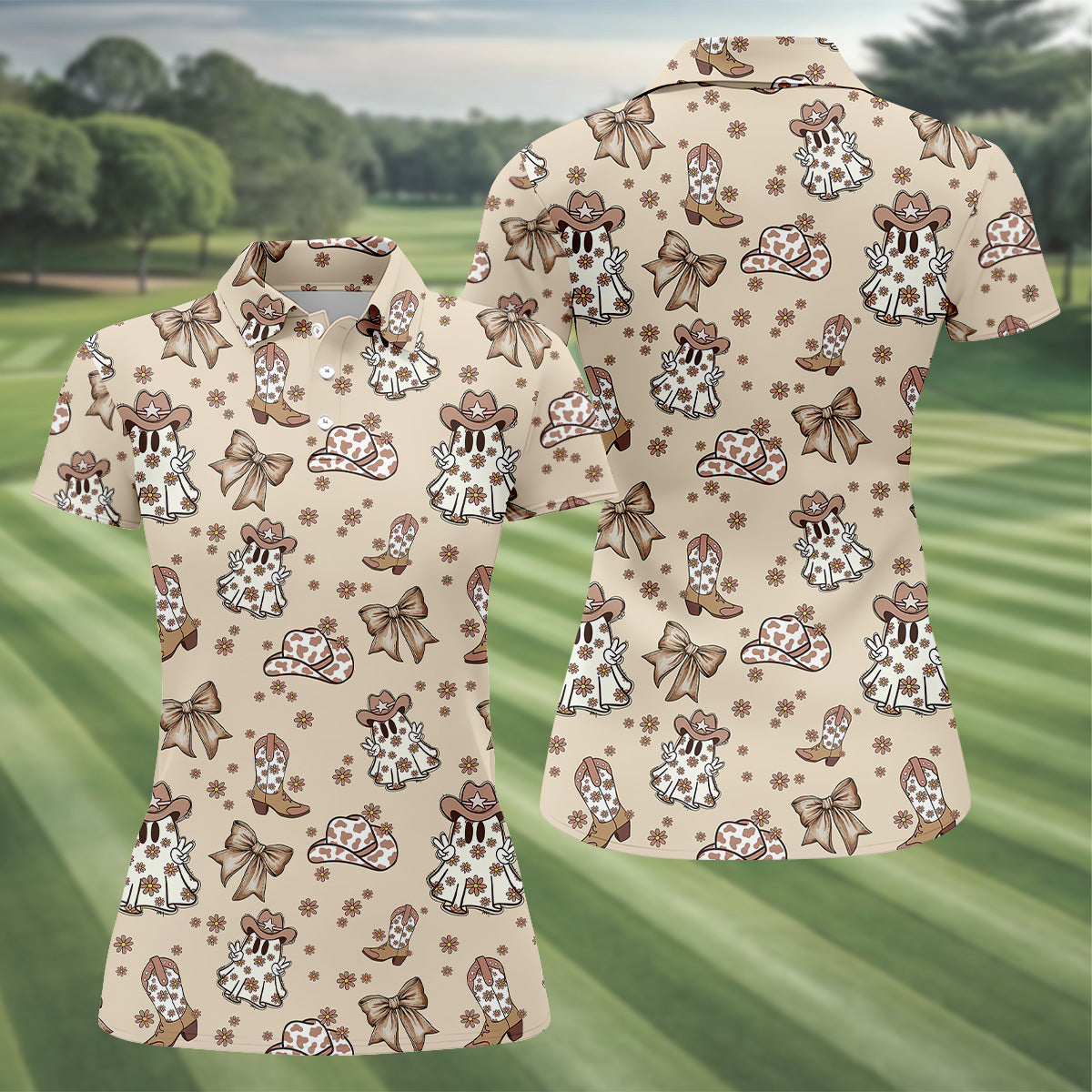 Coquette Halloween Cowboy Ghost Fun Womens Golf Shirts, Ladies Sleeveless Polo, Ladies Golf Shirts