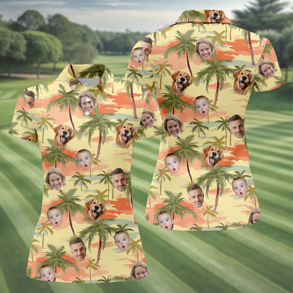 Yellow Sunset Hawaiian Shirt With Face, Matching Hawaiian Outfits, Womens Sleeveless Polo, Ladies Golf Shirts