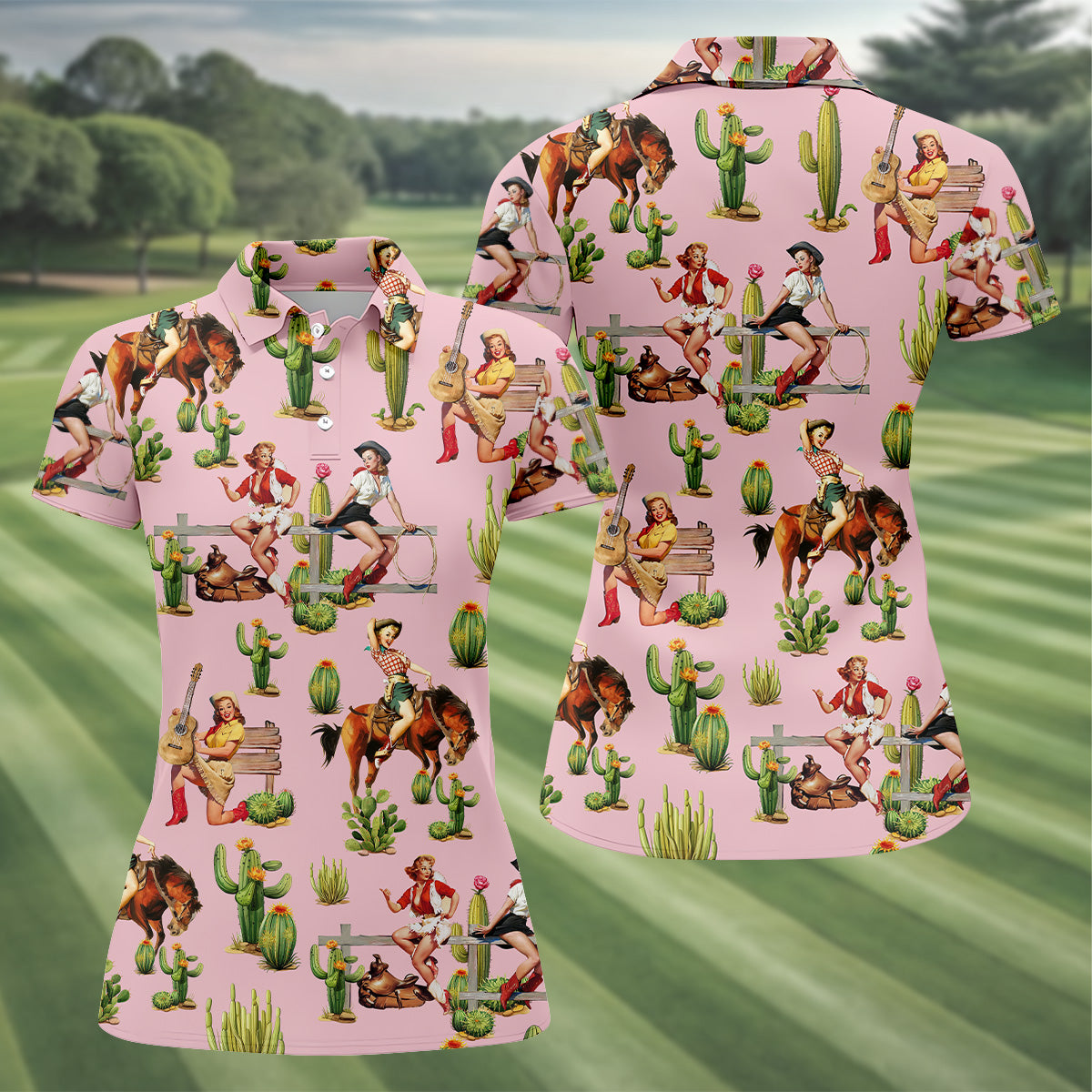 Vintage Cowgirl Pink Women's Golf Polo, Western Rodeo Women Golf Top, Cute Golf Outfit, Golfing Apparel