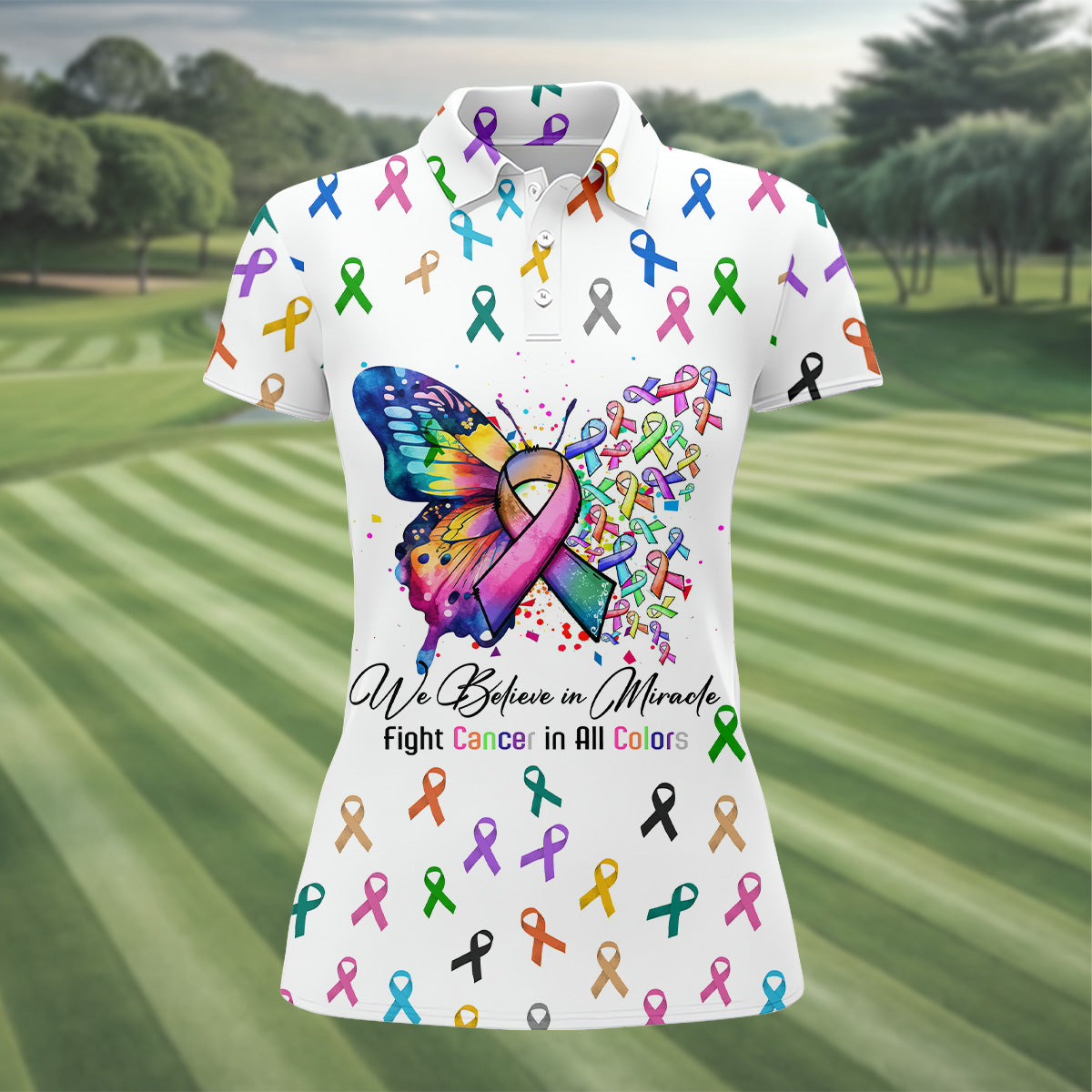 Fight Cancer In All Color Women Golf Shirt, Cancer Awareness Shirt, Cancer Fighter Shirt, Golf Gift For Women