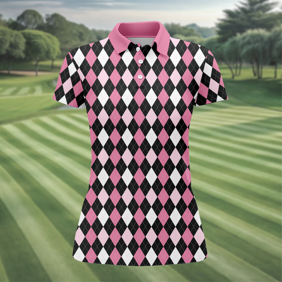Black Pink Argyle Womens Golf Shirts, Ladies Pink Golf Shirt, Womens Golf Polo Shirt Golf Gift For Womens