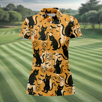 Funny Black Cat Golf Polo ShirtHalloween Golf Shirt, Womens Golf Polo, Halloween Polo Shirt