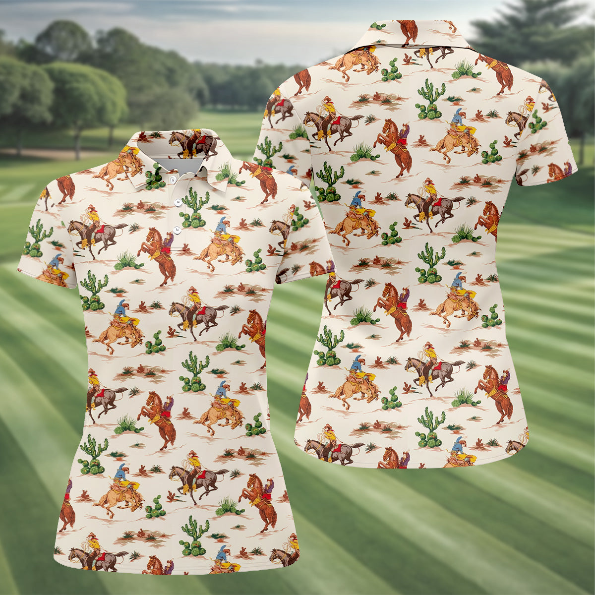 Cowboy Western Beige Polo ShirtWomen's Long Sleeve Golf Shirts, Ladies Golf Polos