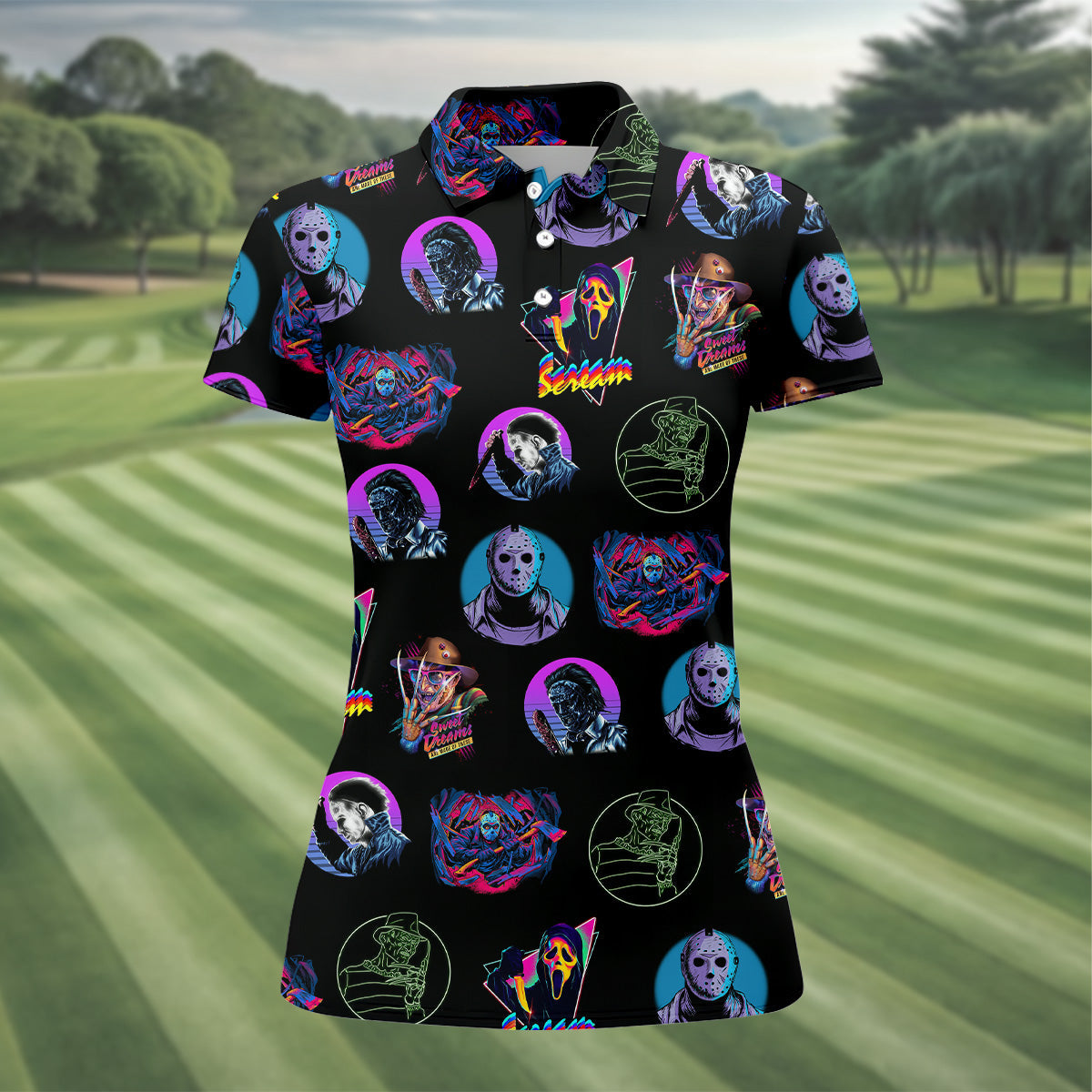 Funny Horror Character Women Golf Shirt, Horror Character Neon Shirt, Halloween Golf Shirt, Scary Halloween Shirts