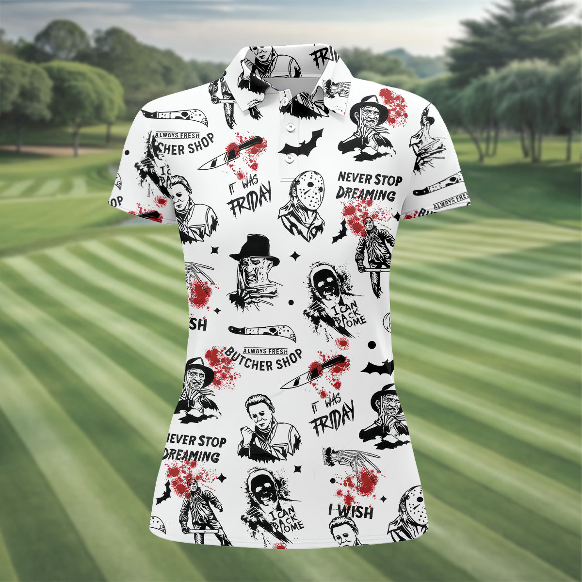 Horror Halloween Character White Golf Shirt, Ladies Golf Tops, Women's Polo Shirt