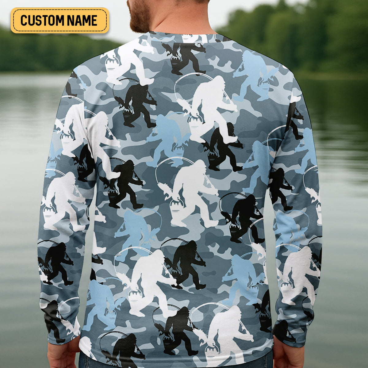 Bigfoot Blue Camo Fishing SPF Shirts, Bassquatch Fishing Shirts, Fishing Shirts For Men, Funny Fisherman Gift