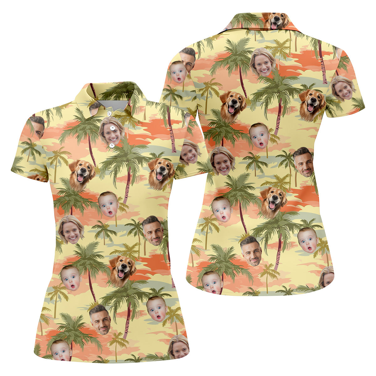 Yellow Sunset Hawaiian Shirt With Face, Matching Hawaiian Outfits, Womens Sleeveless Polo, Ladies Golf Shirts