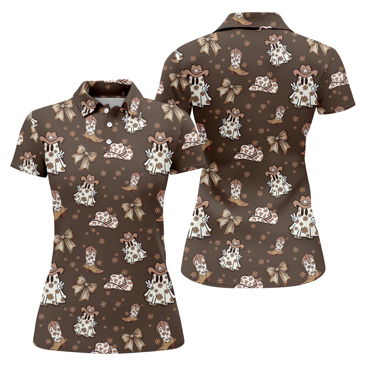Coquette Halloween Cowboy Ghost Brown Fun Womens Golf Shirts, Ladies Sleeveless Polo, Ladies Golf Shirts