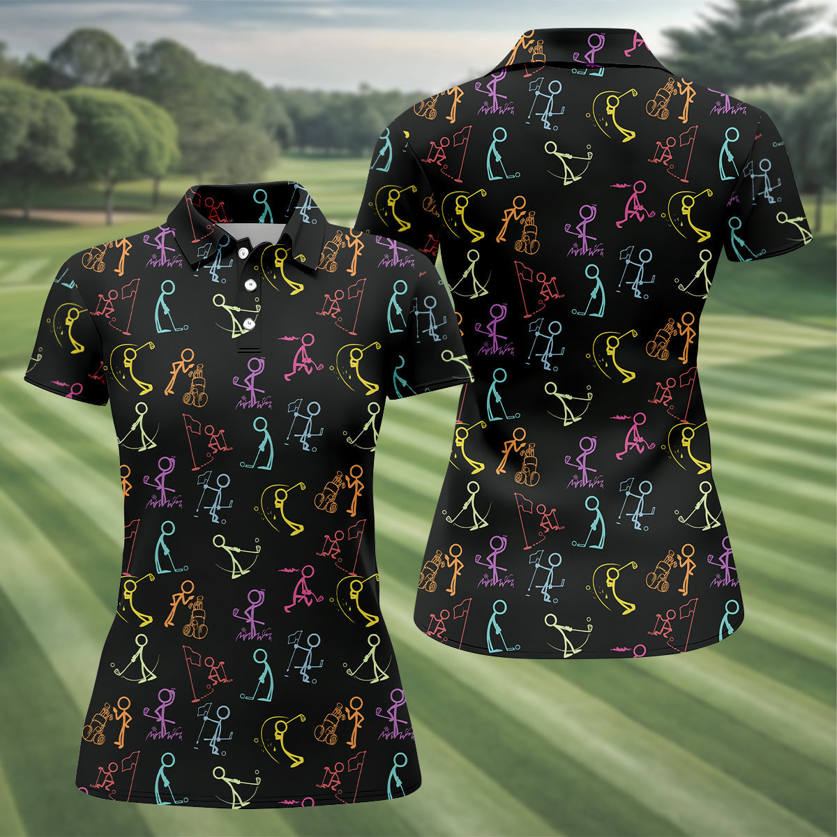 Funny Stickman Golfer Pose Black Golf Shirt, Unique Gift For Golfer, Ladies Golf Polos, Women's Polo Shirt