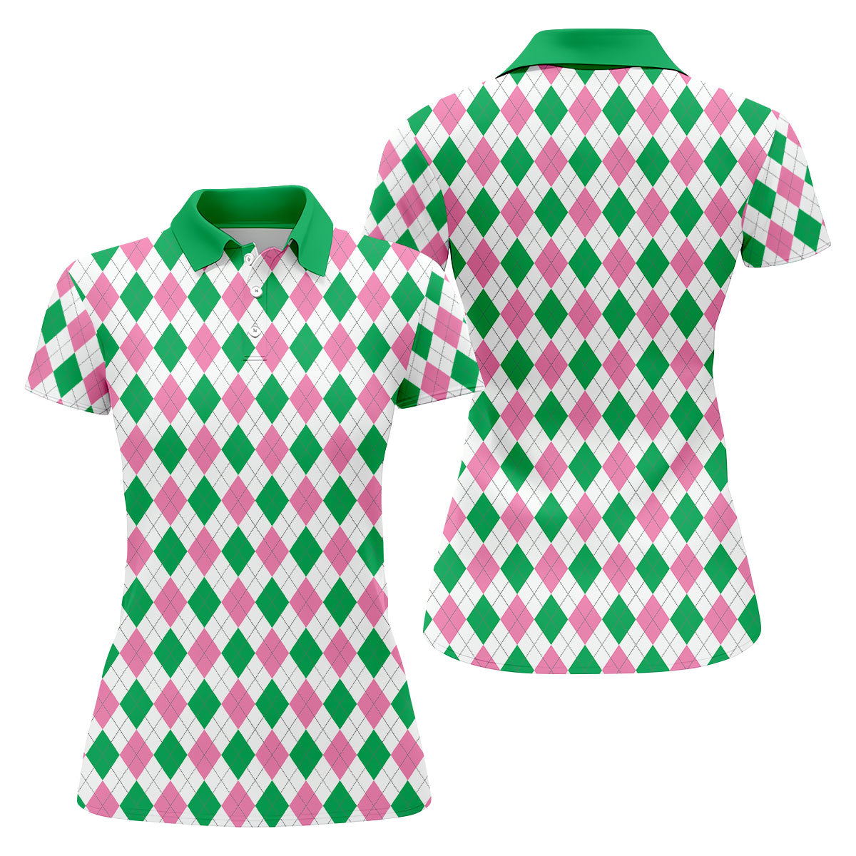 Green Pink Argyle Sleeveless Womens Golf Shirts, Ladies Pink Golf Shirt, Womens Golf Polo Shirt Womens Golf Tops