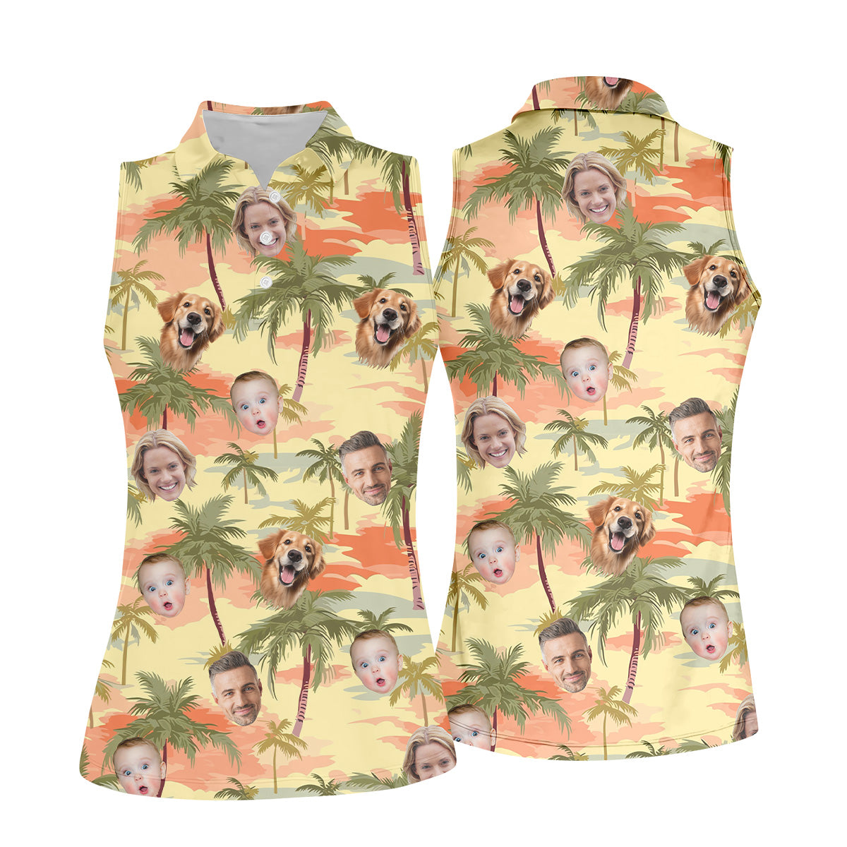 Yellow Sunset Hawaiian Shirt With Face, Matching Hawaiian Outfits, Womens Sleeveless Polo, Ladies Golf Shirts