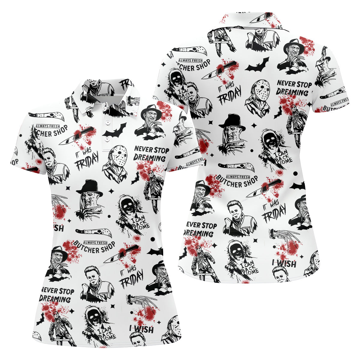 Horror Halloween Character White Golf Shirt, Ladies Golf Tops, Women's Polo Shirt