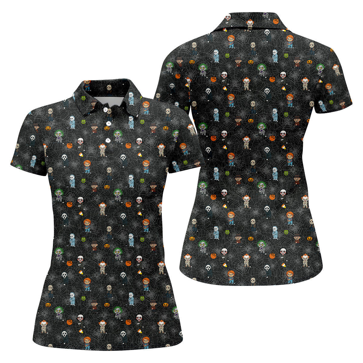 Funny Horror Character Black Golf Polo ShirtHorror Movie Shirt, Halloween Golf Shirt, Womens Golf Polo