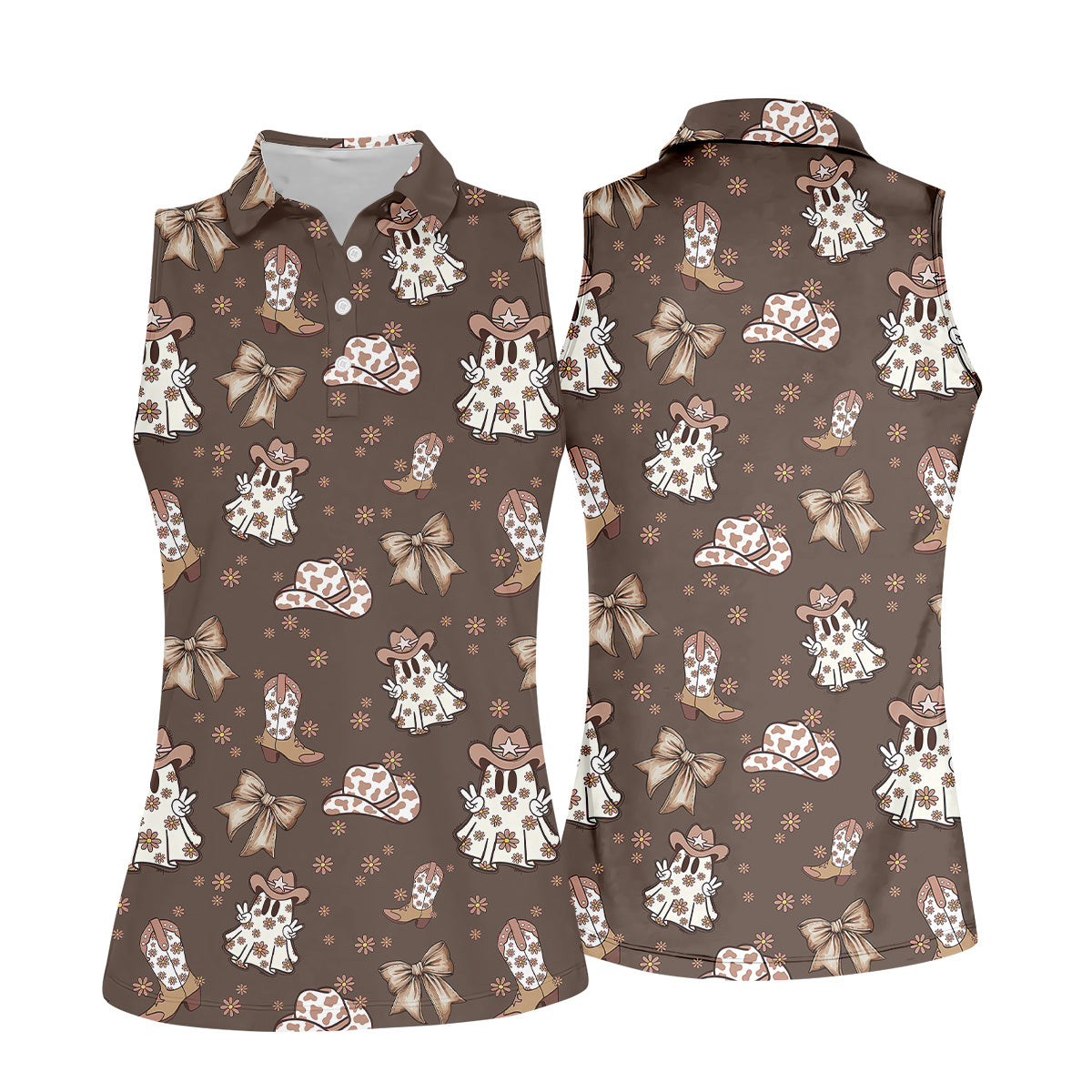 Coquette Halloween Cowboy Ghost Brown Fun Womens Golf Shirts, Ladies Sleeveless Polo, Ladies Golf Shirts
