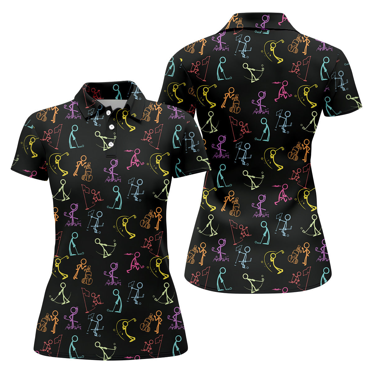 Funny Stickman Golfer Pose Black Golf Shirt, Unique Gift For Golfer, Ladies Golf Polos, Women's Polo Shirt