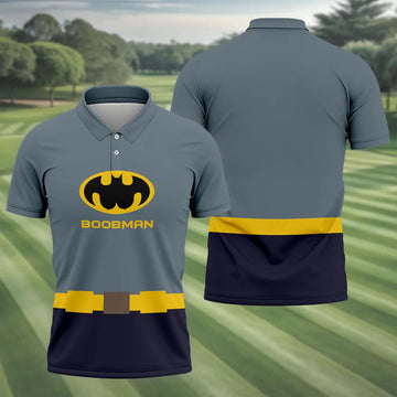 Boobman Comic Hero Logo Belt Golf Polo Shirt, Men's Polo Shirt, Funny Golf Apparel, Performance Golf Shirt