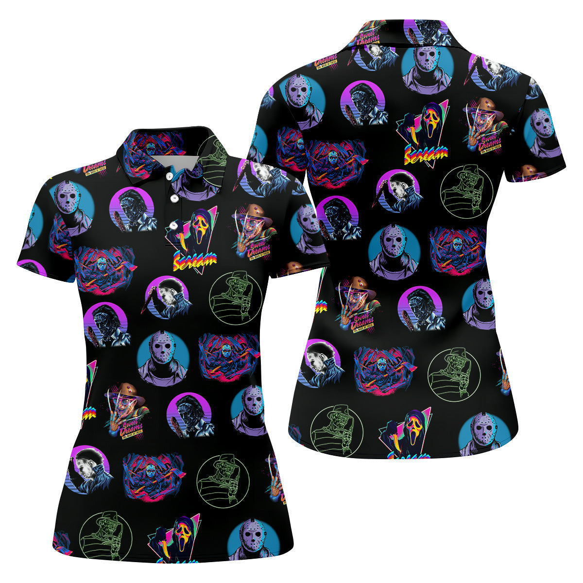 Funny Horror Character Women Golf Shirt, Horror Character Neon Shirt, Halloween Golf Shirt, Scary Halloween Shirts