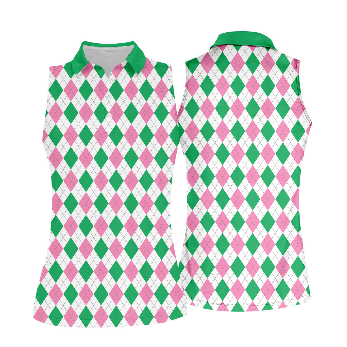 Green Pink Argyle Sleeveless Womens Golf Shirts, Ladies Pink Golf Shirt, Womens Golf Polo Shirt Womens Golf Tops