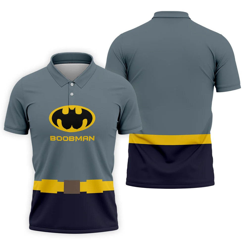 Boobman Comic Hero Logo Belt Golf Polo Shirt, Men's Polo Shirt, Funny Golf Apparel, Performance Golf Shirt