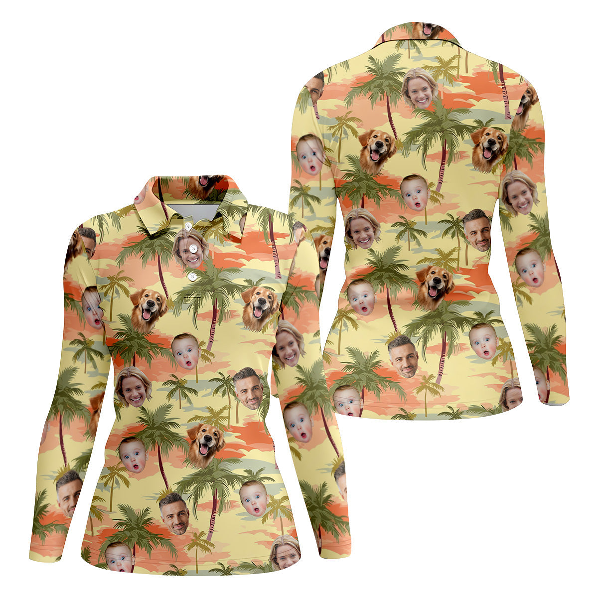 Yellow Sunset Hawaiian Shirt With Face, Matching Hawaiian Outfits, Womens Sleeveless Polo, Ladies Golf Shirts