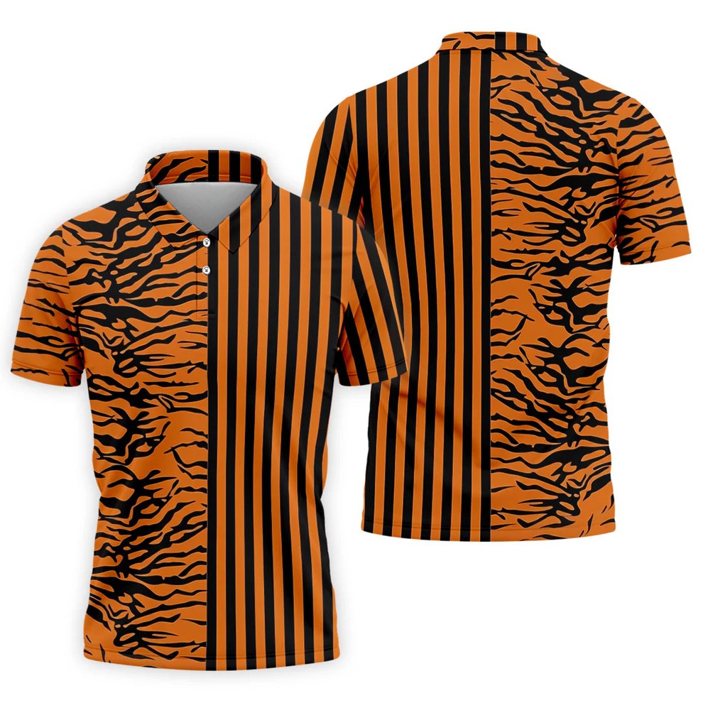 Orange Tiger Stripe Split Pattern Golf Shirt, Mens Golf Polo, Golf Apparel For Men, Golf Polo Shirts For Men