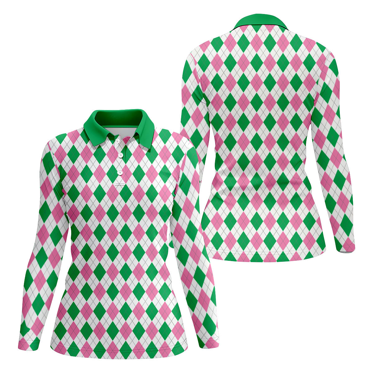 Green Pink Argyle Sleeveless Womens Golf Shirts, Ladies Pink Golf Shirt, Womens Golf Polo Shirt Womens Golf Tops