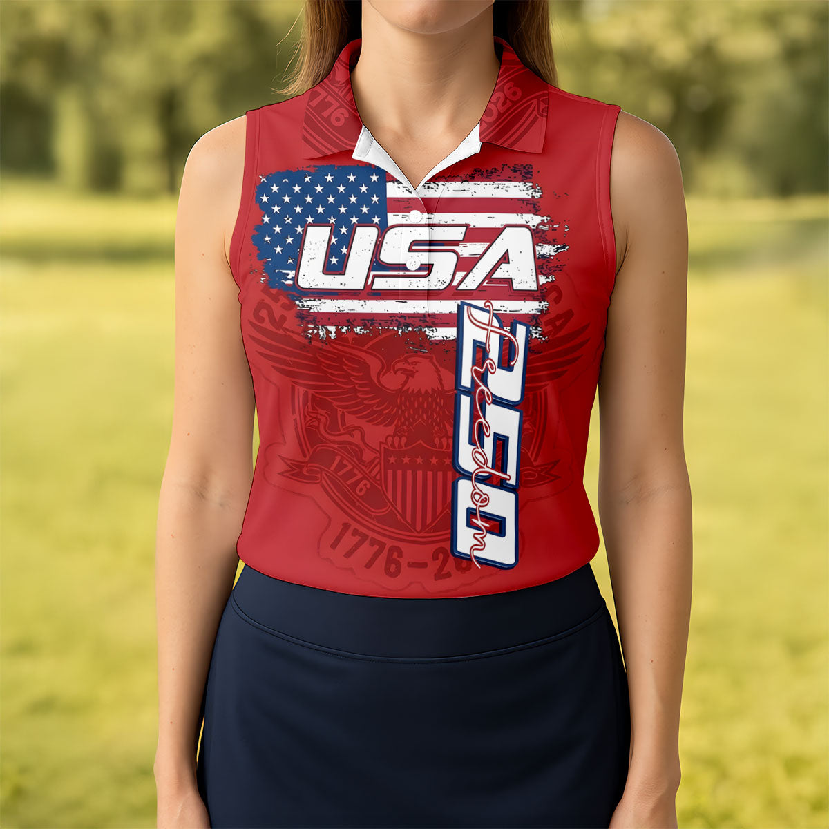 USA 250 Freedom Flag And Bald Eagle Ladies Golf Tops, Patriotic 4th Of July Golf Shirt For Women