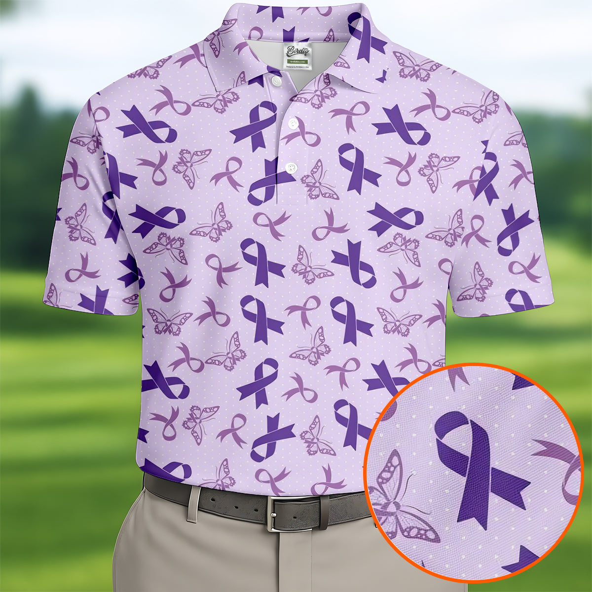 Breast Cancer Purple Ribbon Butterfly Polo Shirt, Mens Golf Polo, Breast Cancer Shirt
