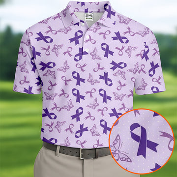 Breast Cancer Purple Ribbon Butterfly Polo Shirt, Mens Golf Polo, Breast Cancer Shirt