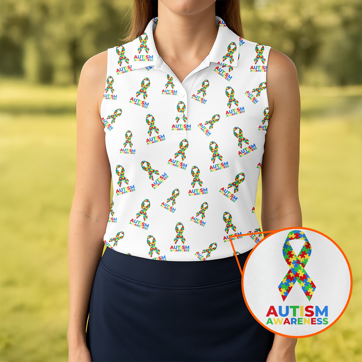 Autism Awareness Colors Autism Ribbon White Golf Shirt, Women's Golf Tops, Ladies Golf Polos