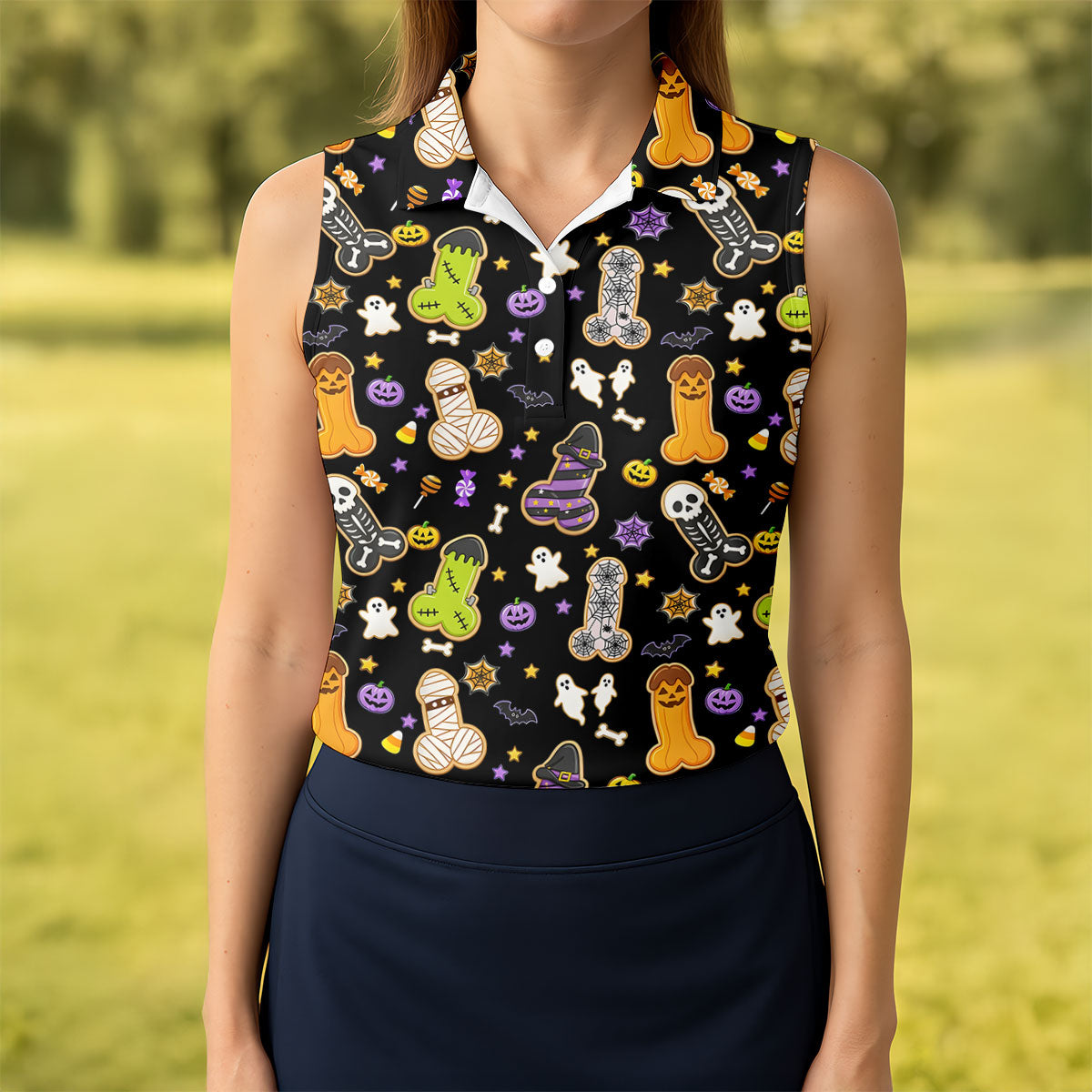 Funny Adult Halloween Cookie Pattern Polo Shirt, Ladies Golf Top, Printed Golf Shirt