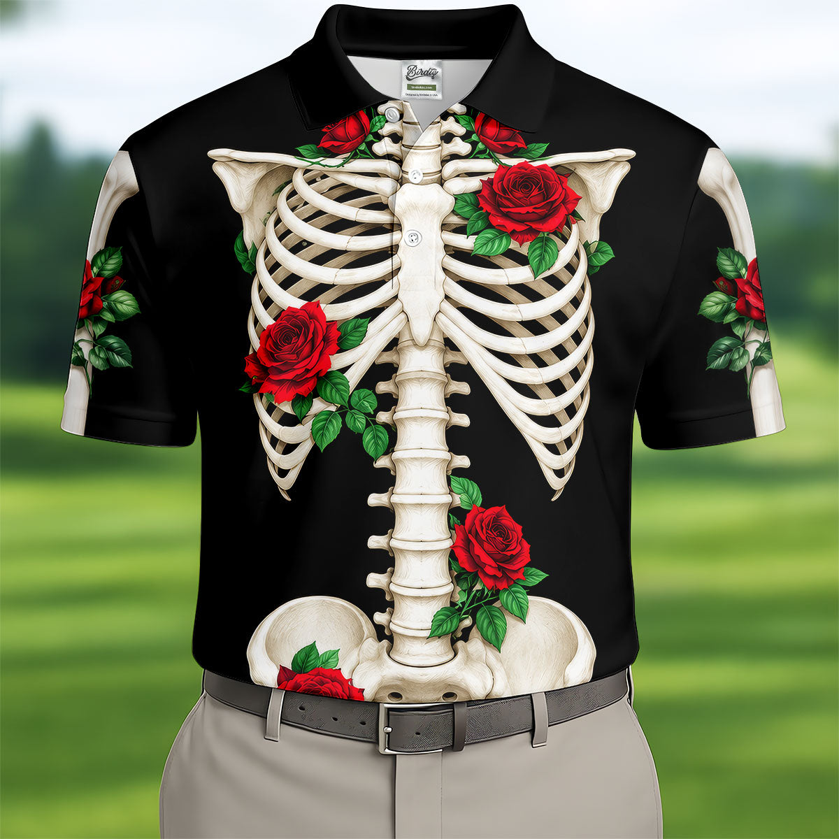 Skeleton Rib Cage And Red Roses Halloween Polo Shirt, Polo Shirts For Men, Mens Golf Shirts