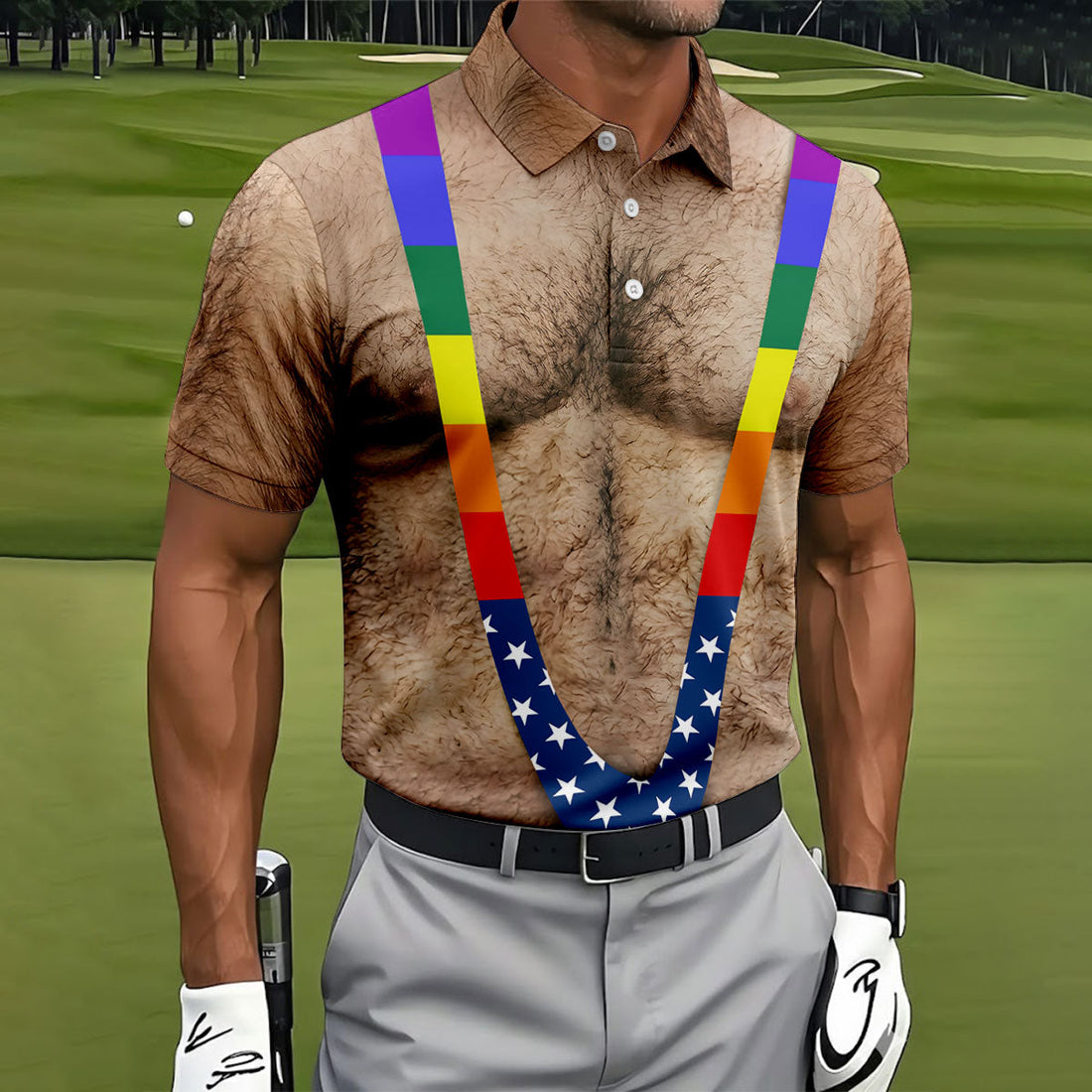 Funny Hairy Chest Rainbow Suspenders Golf Polo, Golf Shirts For Men, Mens Golf Apparel