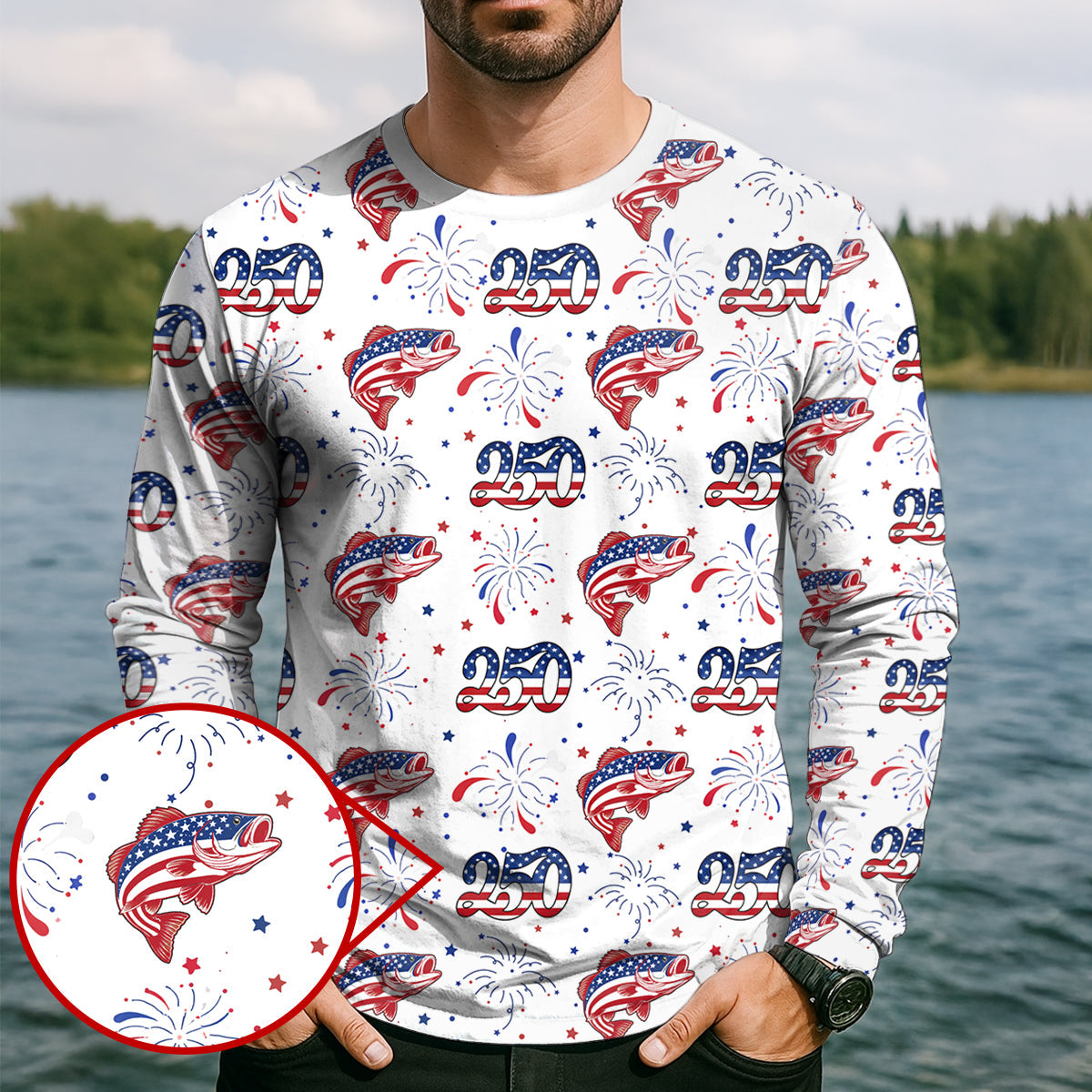 Largemouth Bass Fishing Patriotic Fishing Shirt, Fishing UPF Shirts, 250th Anniversary Fishing Shirts For Men