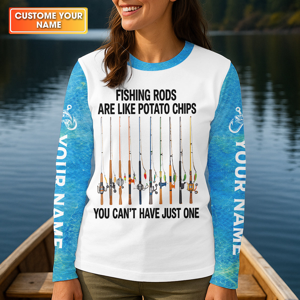 Fishing Rods Are Like Potato Chips Blue And White Funny Fishing Shirt, Fishing UPF Shirts, Fishing Shirt For Women