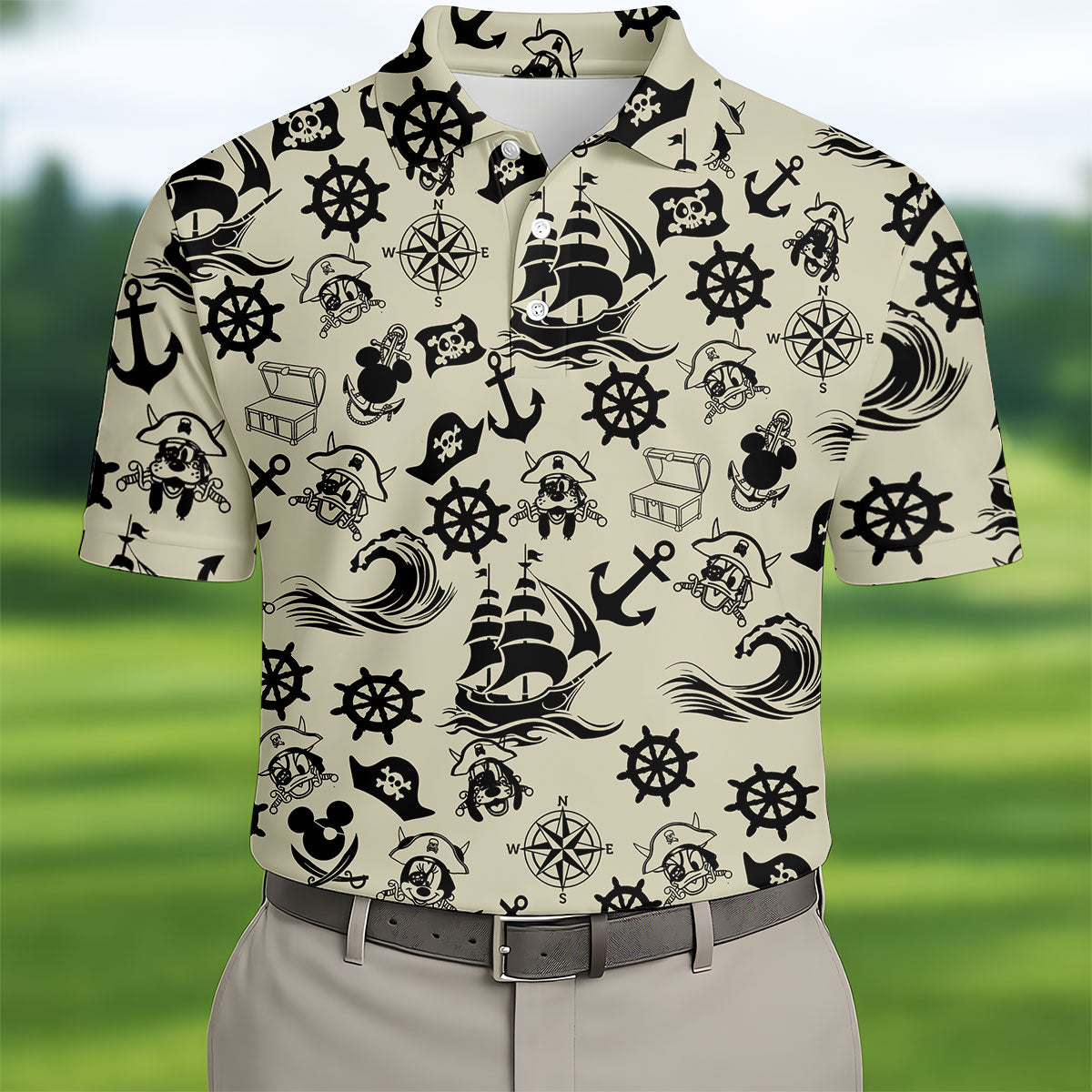 Vintage Pirate Nautical Pattern Golf Polo Shirt, Hawaiian Golf Shirt, Golf Polo Shirts For Men