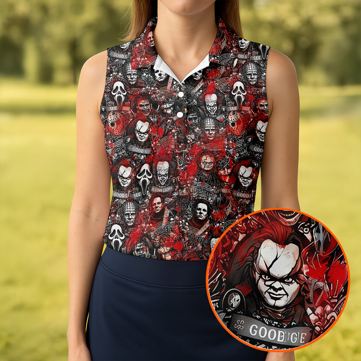 Red Horror Character Collage Halloween Golf Shirt, Women's Golf Polo, Printed Golf Shirt