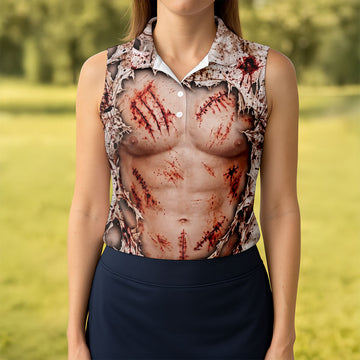 Bloody Stitched Torso Halloween Costume Polo Shirt, Womens Golf Tops, Halloween Golf Shirt