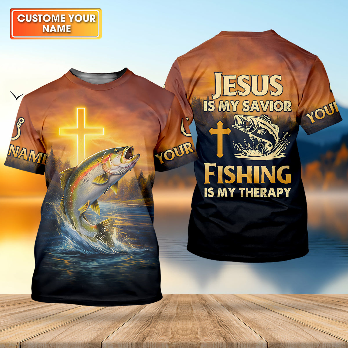 Jesus Is My Savior Fishing Is My Therapy Shirt, Custom Name Fishing Shirt, Fishing UPF Shirts, Funny Fishing Shirt
