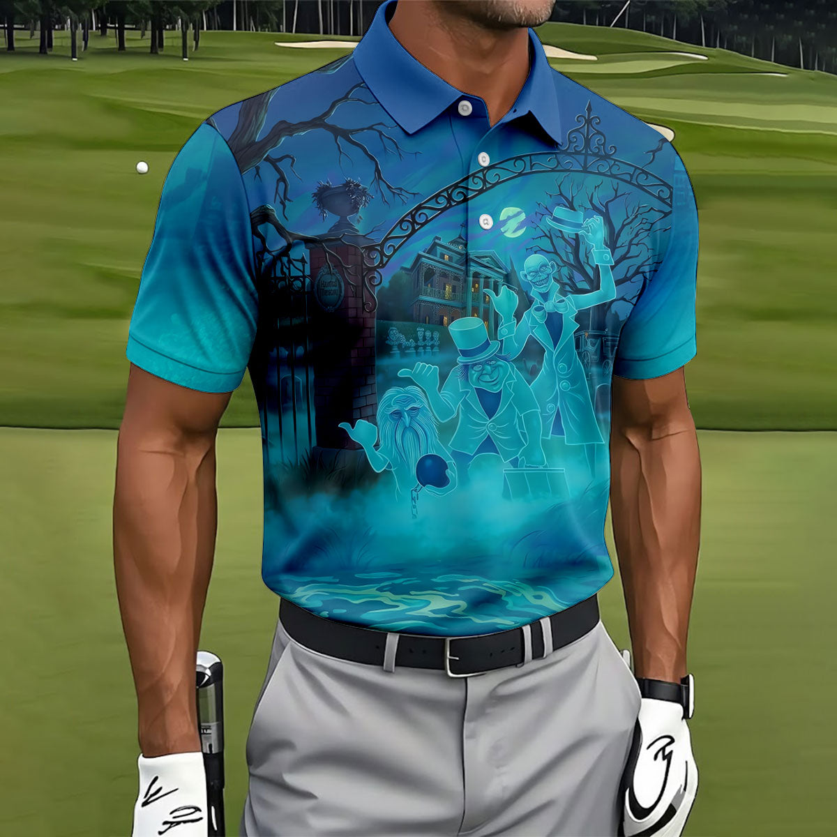 Ghost Trio At Haunted House Gate Halloween Polo Shirt, Mens Golf Shirts, Mens Polo Shirts