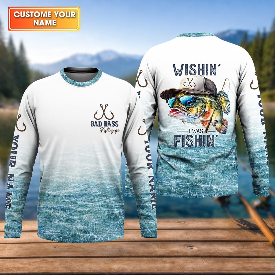 Wishin’ I Was Fishin’ Shirt, Personalized Bad Bass Fishing Shirt For Men, Fishing UPF Shirts