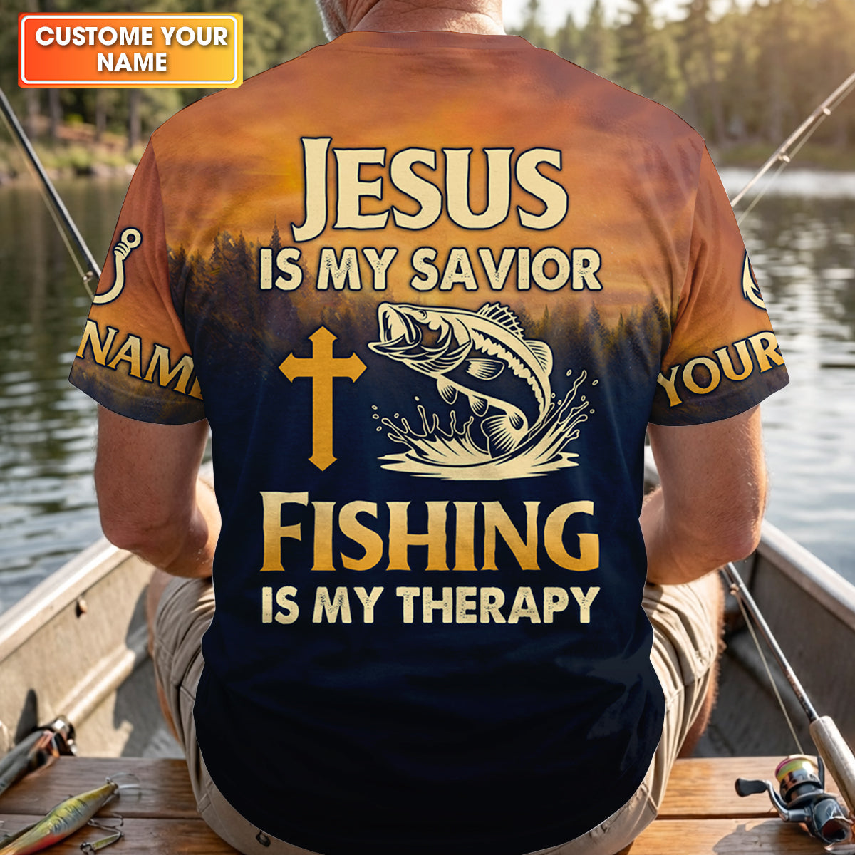 Jesus Is My Savior Fishing Is My Therapy Shirt, Custom Name Fishing Shirt, Fishing UPF Shirts, Funny Fishing Shirt