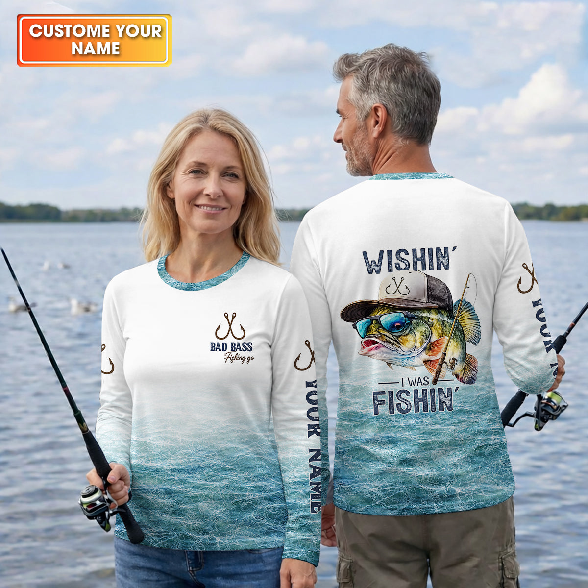 Wishin’ I Was Fishin’ Shirt, Personalized Bad Bass Fishing Shirt For Men, Fishing UPF Shirts