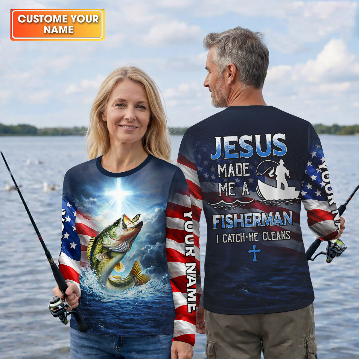 Jesus Made Me A Fisherman Shirt, Patriotic Christian Bass Fishing Shirt For Men, Fishing UPF Shirts