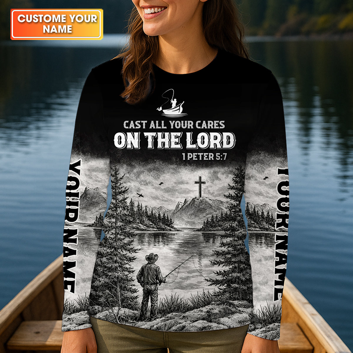 Cast All Your Cares On The Lord Fishing UPF Shirts, Personalized Fishing Shirt For Women, Long Sleeve Fishing Shirt