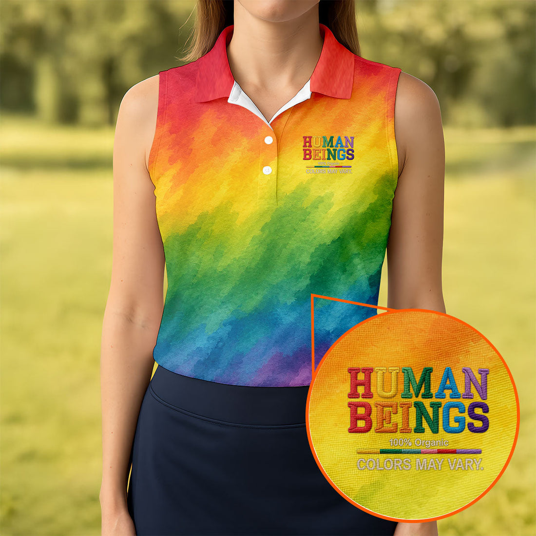 Human Beings LGBT Rainbow Women's Golf Tops, LGBT Pride Month Gradient Watercolor Ladies Golf Shirts